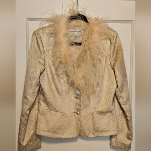 Vintage Victor Cosa Gold Paisley Jacket, Ostrich Feather, Rhinestone Buttons.
